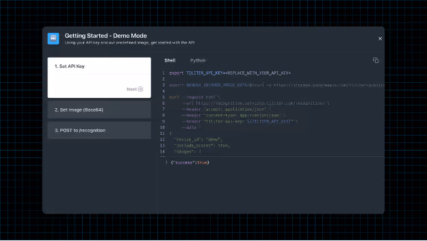 Tiliter Product Recognition API demo setup with Shell and Python code examples