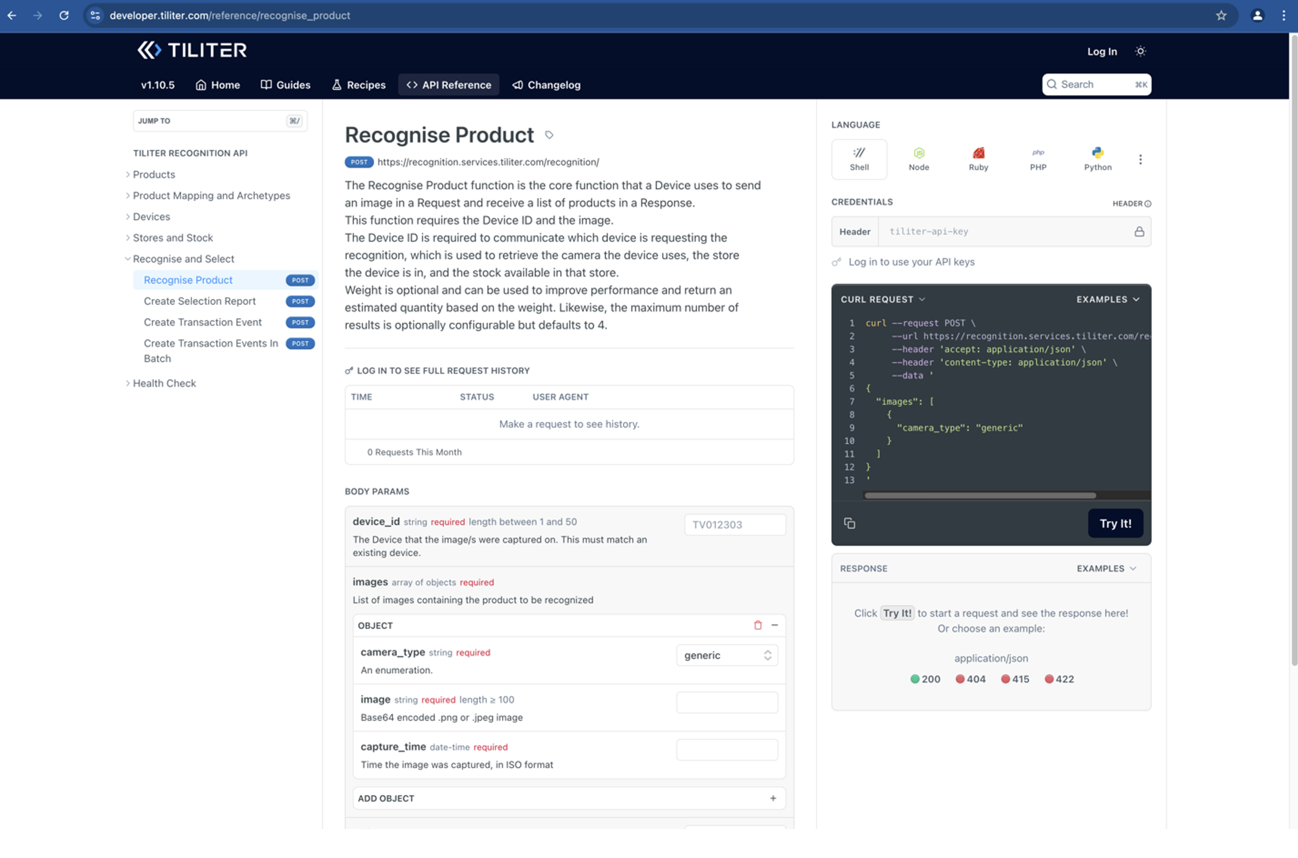 Tiliter Recognise Product API documentation with request parameters and code example