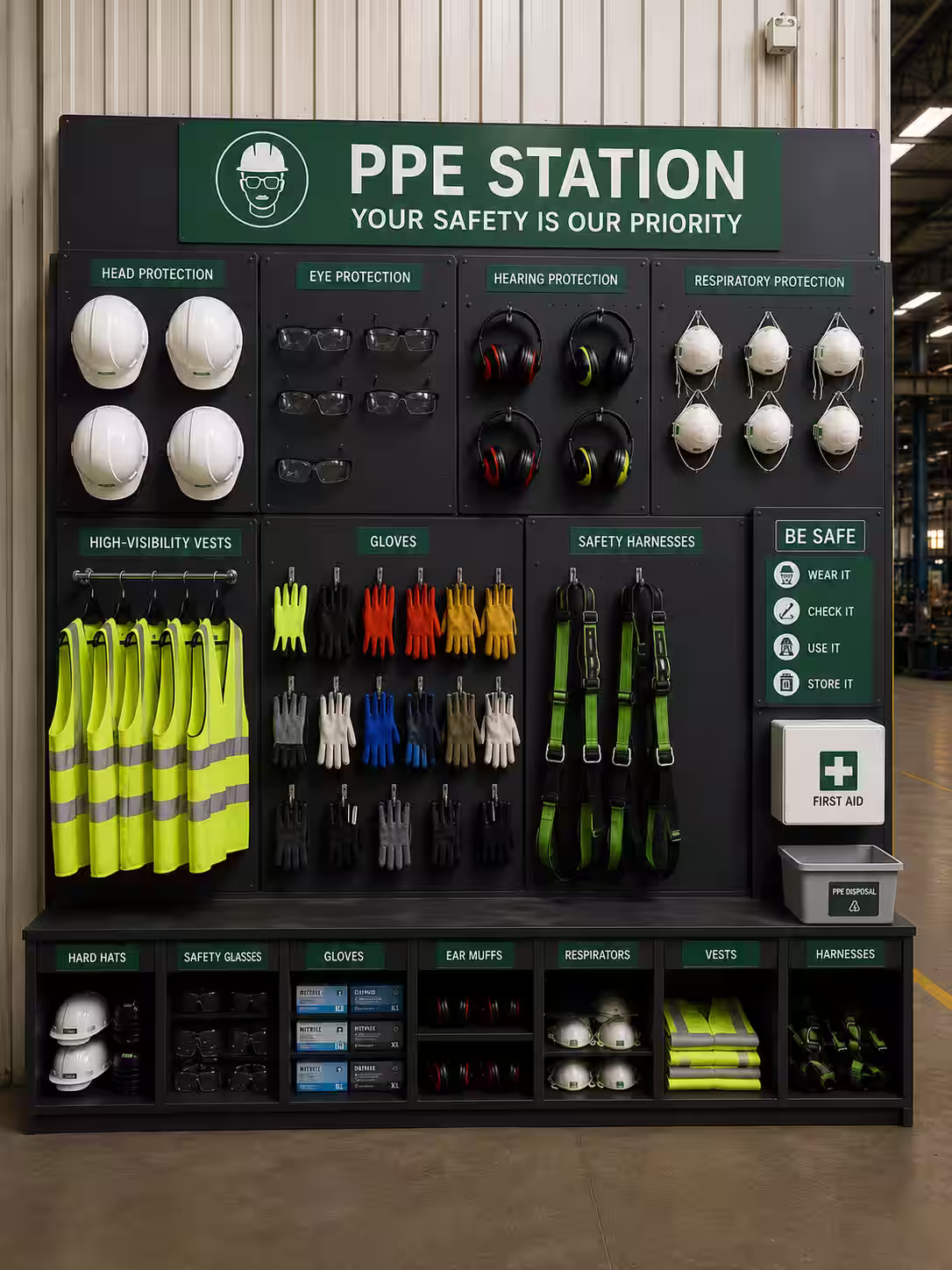 PPE station photographed for a required-items check