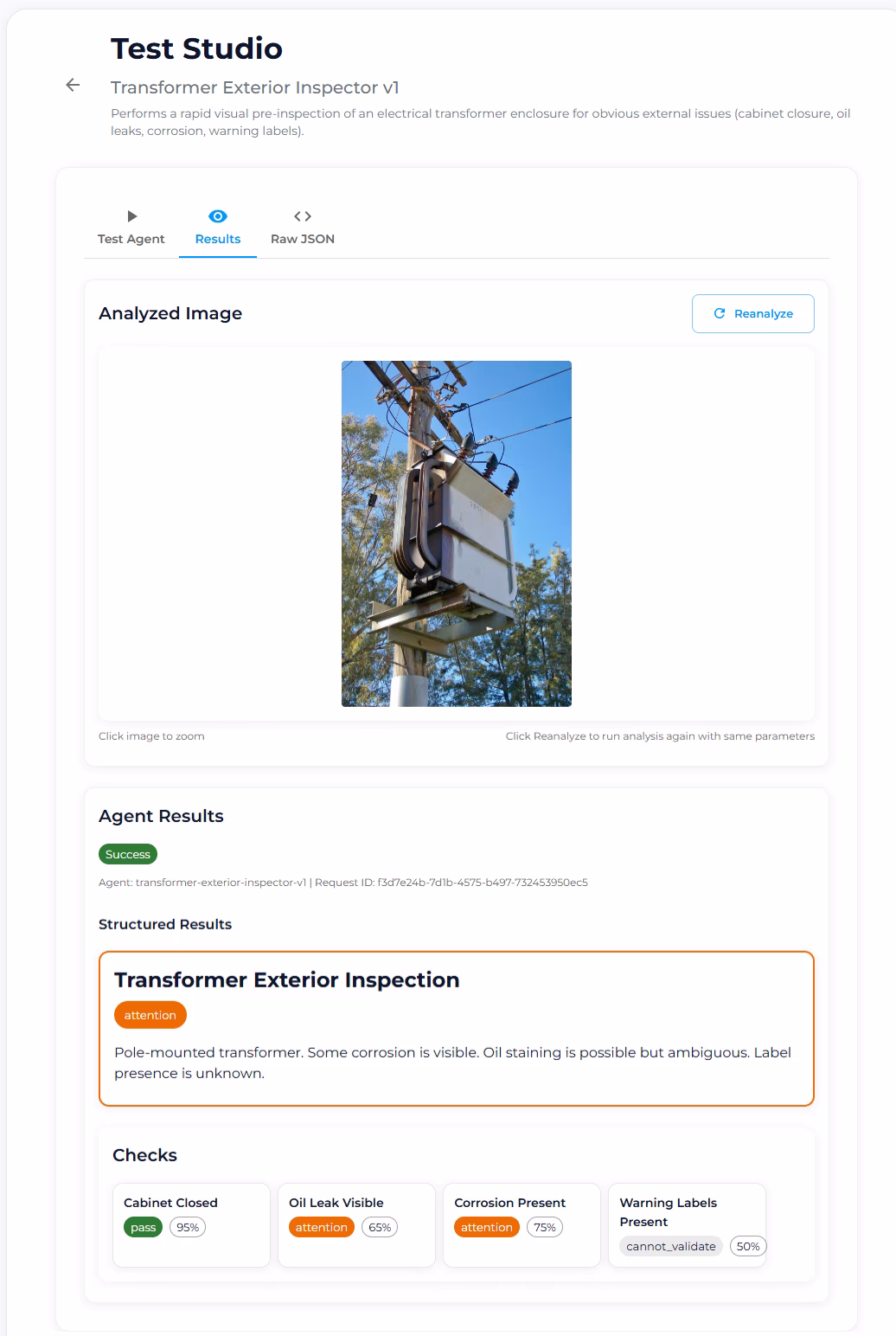 A pole-mounted transformer photographed from a lift basket, shown inside the agent's result view