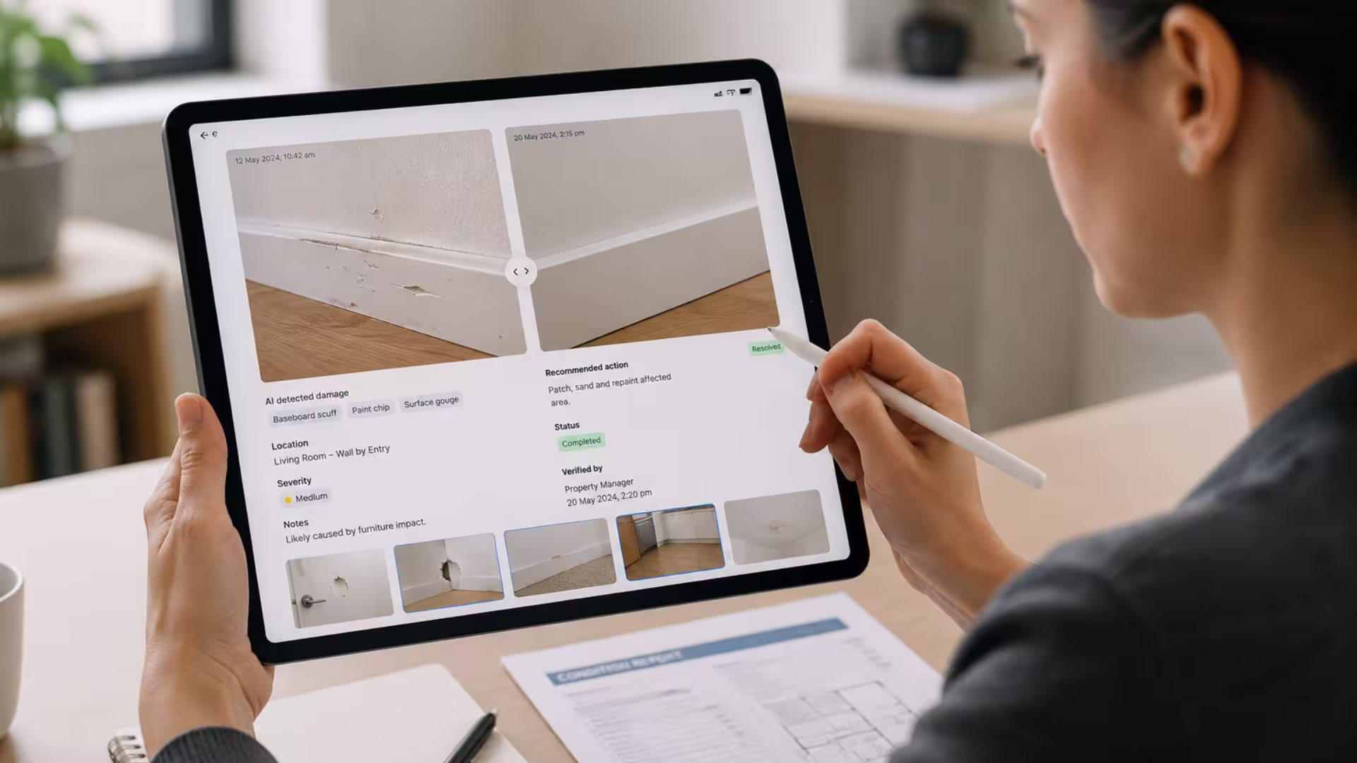 An inspector reviewing a property condition report on a tablet