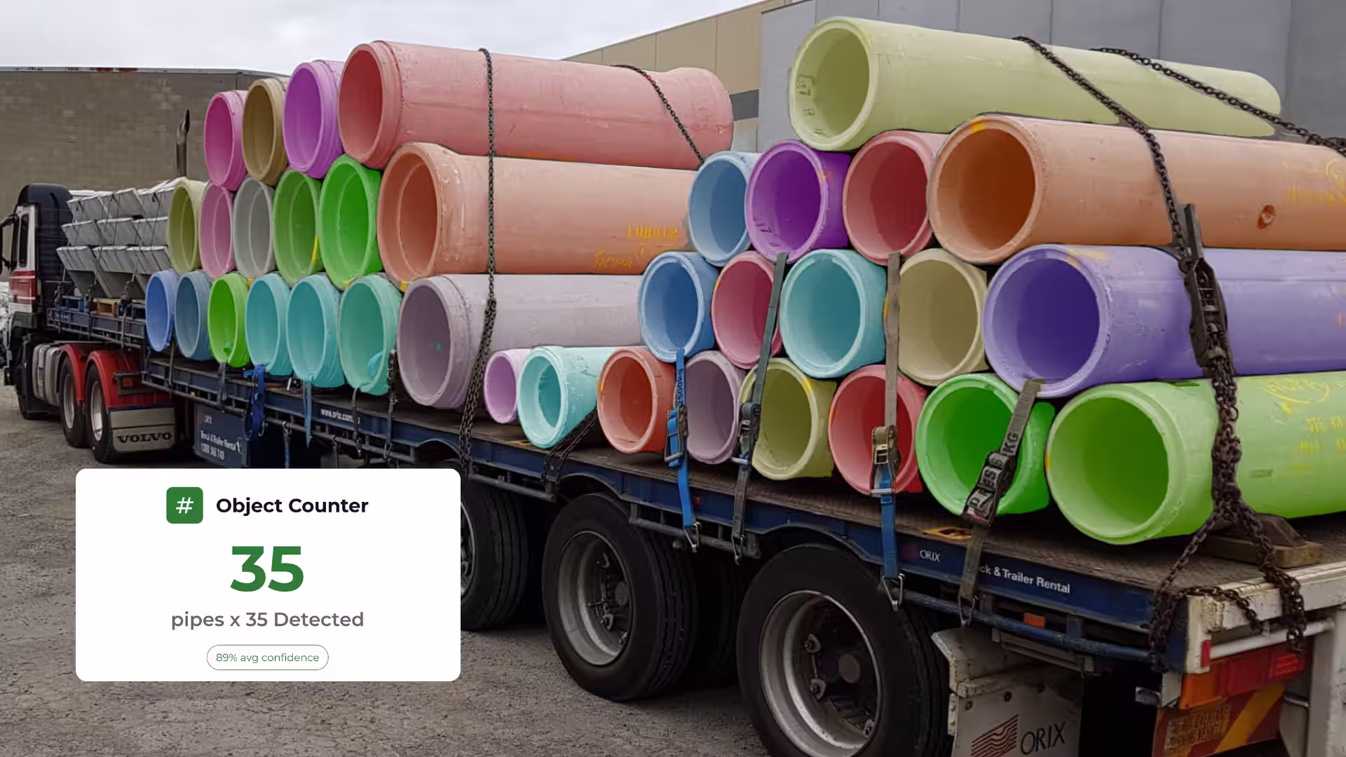 A truck loaded with pipes, with an Object Counter result showing 35 of 35 detected